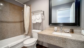 A modern bathroom features a bathtub with a shower curtain, a toilet, towels on a rack, a sink with a large mirror, and toiletries on the countertop.