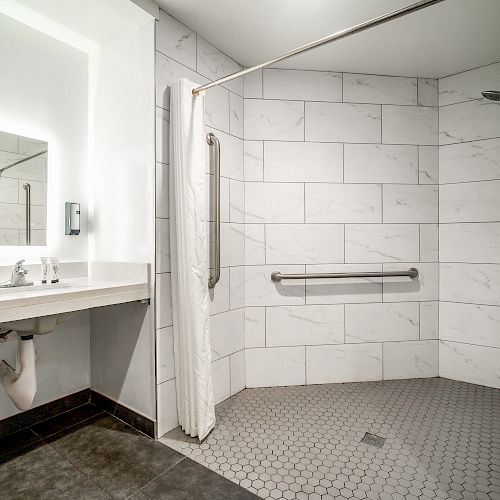 A modern bathroom with a spacious, accessible shower featuring grab bars and a hand-held showerhead. A vanity with an illuminated mirror is visible.