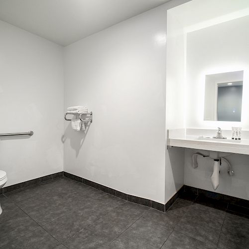 This image shows an accessible bathroom with a toilet, grab bar, wall-mounted towels, a sink with a mirror, and grey floor tiles.