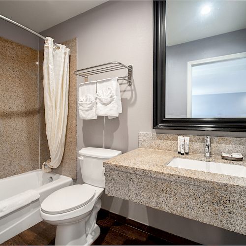 This image shows a modern bathroom with a bathtub, shower curtain, toilet, granite countertop, sink, large mirror, and neatly arranged towels and toiletries.