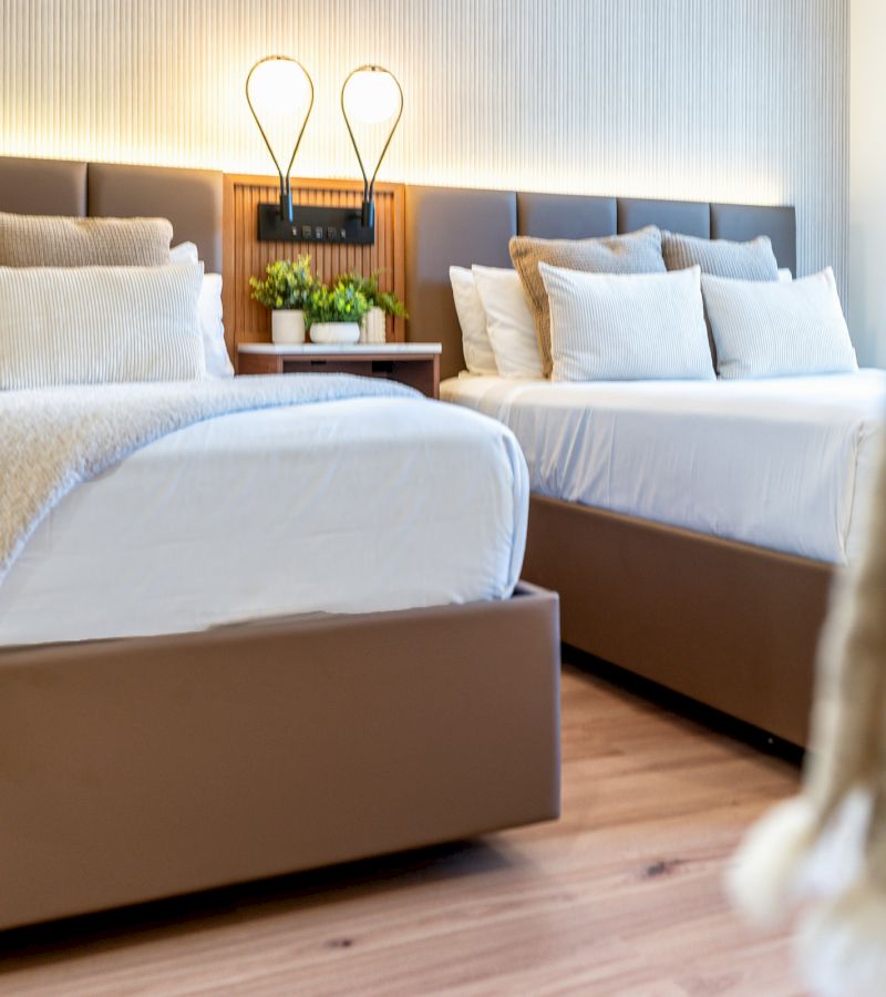 A hotel room with two beds, brown frames, white bedding, and potted plants on a nightstand.