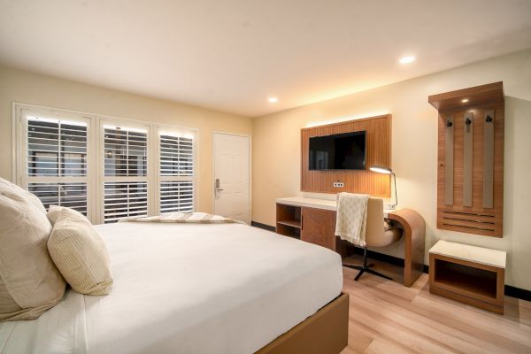 A minimalist bedroom with a bed, wall-mounted TV, desk, chair, and a small bench. The room is well-lit with a door and windows with shutters.