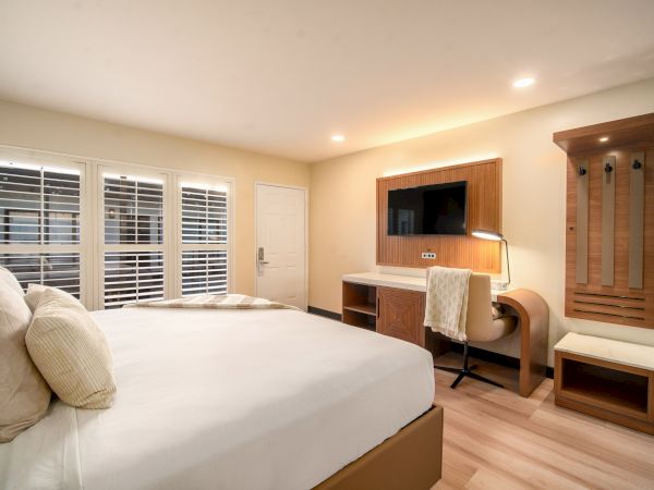 A minimalist bedroom with a bed, wall-mounted TV, desk, chair, and a small bench. The room is well-lit with a door and windows with shutters.