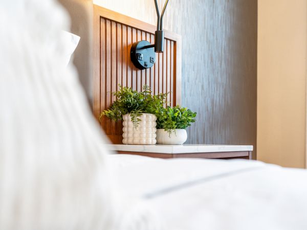 A close-up of a bed with white sheets, a wooden headboard, and two potted plants on a nightstand under a wall-mounted lamp.