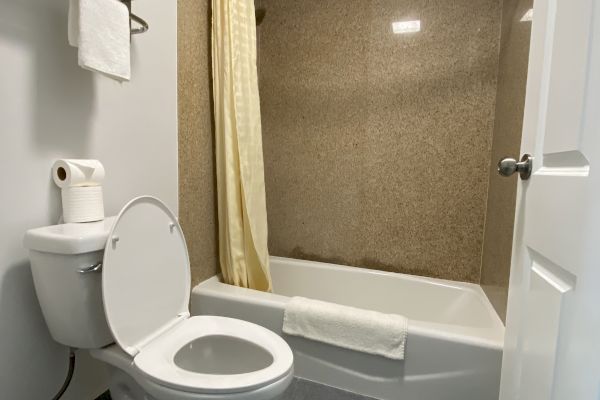 The image shows a clean bathroom with a toilet, a shower-tub combo, a towel rack with towels, and a toilet paper holder. It has gray floor tiles.