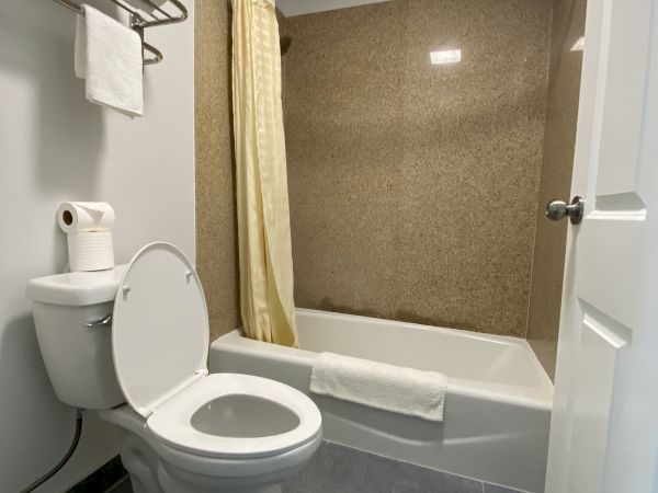 The image shows a clean bathroom with a toilet, a shower-tub combo, a towel rack with towels, and a toilet paper holder. It has gray floor tiles.