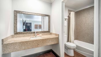 A bathroom with a large mirror, granite countertop, sink, and a toilet next to a bathtub with a shower curtain in a modern design.