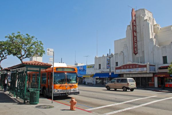 A city street scene with a bus at a stop, a tree, and a historic theater building with "WARNER" signage in the background.