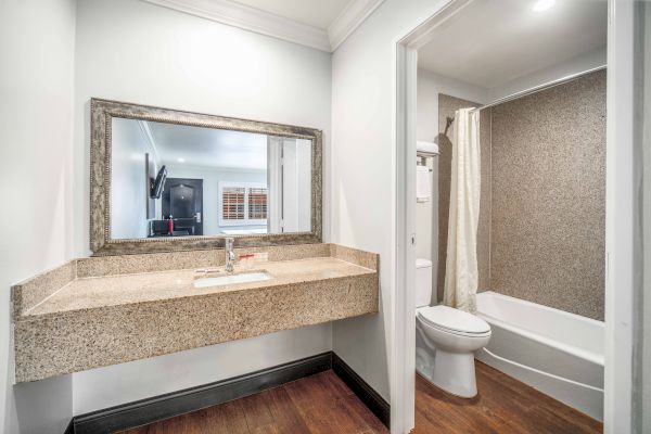 The image shows a modern bathroom with a large mirror, sink, and a shower-tub combination, featuring neutral colors and wooden flooring.