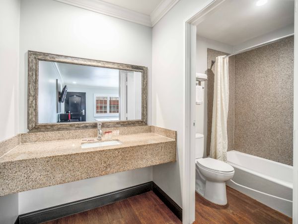 The image shows a modern bathroom with a large mirror, sink, and a shower-tub combination, featuring neutral colors and wooden flooring.