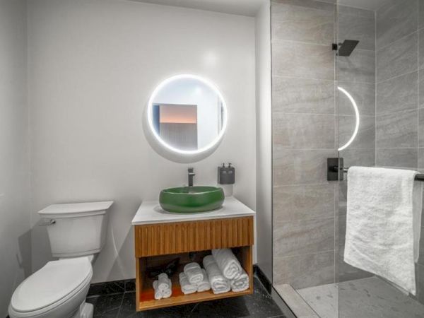 The image shows a modern bathroom with a toilet, glass shower, round mirror, and a sink on a wooden vanity.
