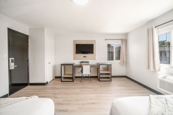 A minimalist room with two beds, a desk, TV, two windows, and wood flooring. Light curtains frame the windows, creating a bright space.