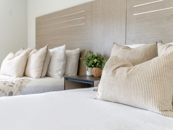 A neatly arranged bedroom with two beds, each adorned with beige and white pillows, separated by a small table with potted plants.