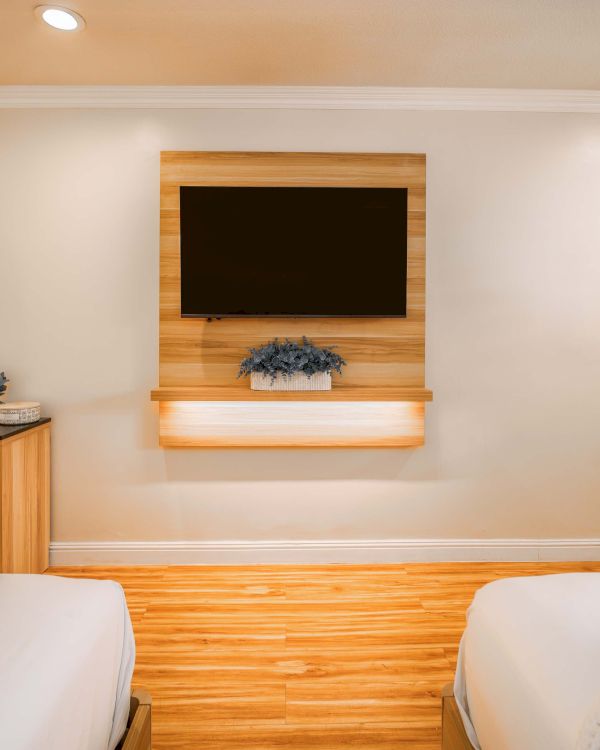 A hotel-style bedroom with two white beds, a wooden floor, a wall-mounted TV framed by wood, a shelf with a plant, and a small desk with a lamp on the left.