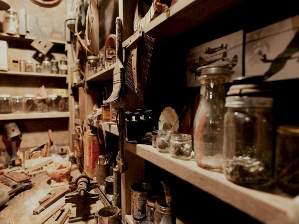 A cluttered shelf and workbench with jars, vintage tools, and various trinkets, resembling an old workshop or garage.