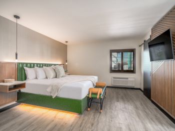 A modern hotel room with a large bed, wooden accents, a mounted TV, a window, and a sleek design.