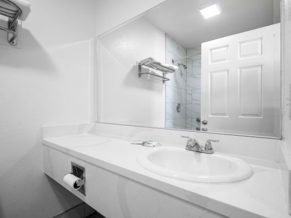 A bright bathroom vanity with sink, faucets, and a large mirror reflecting a shower/tiled wall and door.