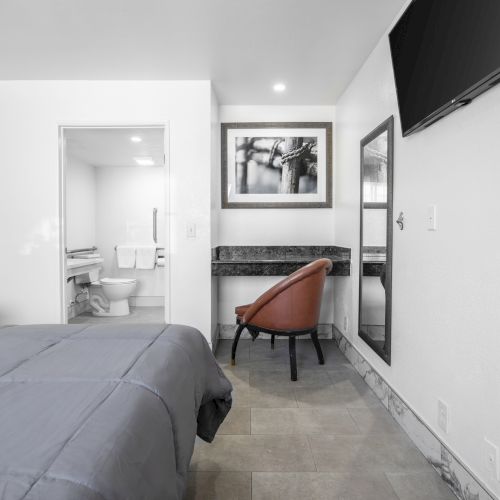 A modern bedroom with a bed, TV, desk chair, framed art, and an open view into a bathroom with a toilet.