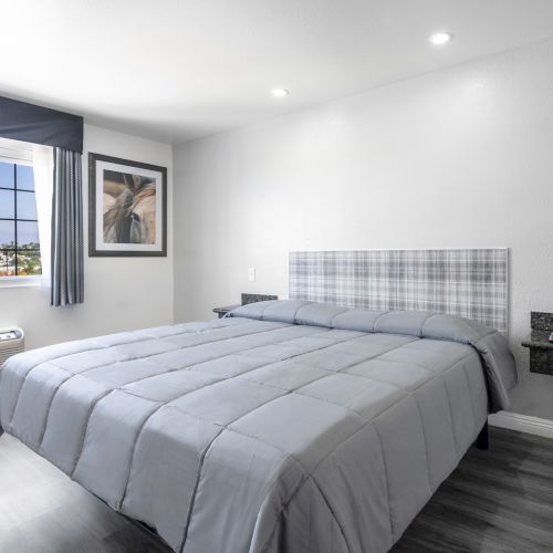 A bright hotel-style bedroom with a king bed, patterned curtains, large window, framed horse photo, wall lights, and a small granite bench.
