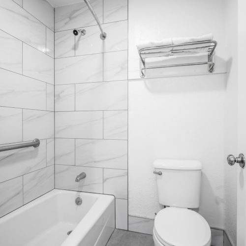 A modern bathroom with a marble-tiled shower over a tub, a chrome towel bar, and a nearby white toilet.
