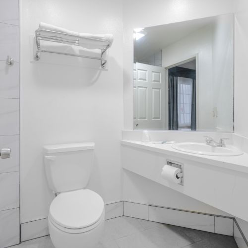 Bright modern bathroom with a toilet, vanity sink, towel shelf, and mirror above a counter.